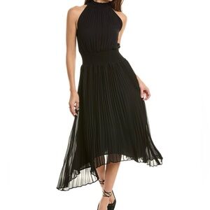 1. State Black Halter Dress with Pleats. Smoked waistband. Layered pleated skirt